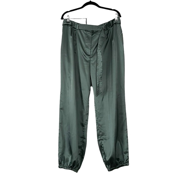 ANTHROPOLOGIE Maeve Parachute Satin Jogger Belted Green Pants Sz 14 - Picture 2 of 6
